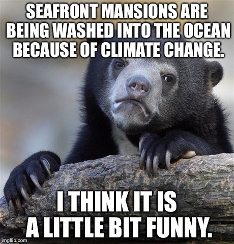 Confession Bear | SEAFRONT MANSIONS ARE BEING WASHED INTO THE OCEAN BECAUSE OF CLIMATE CHANGE. I THINK IT IS A LITTLE BIT FUNNY. | image tagged in memes,confession bear,AdviceAnimals | made w/ Imgflip meme maker