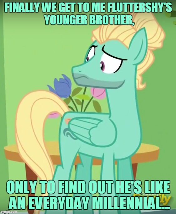 FINALLY WE GET TO ME FLUTTERSHY'S YOUNGER BROTHER, ONLY TO FIND OUT HE'S LIKE AN EVERYDAY MILLENNIAL... | made w/ Imgflip meme maker