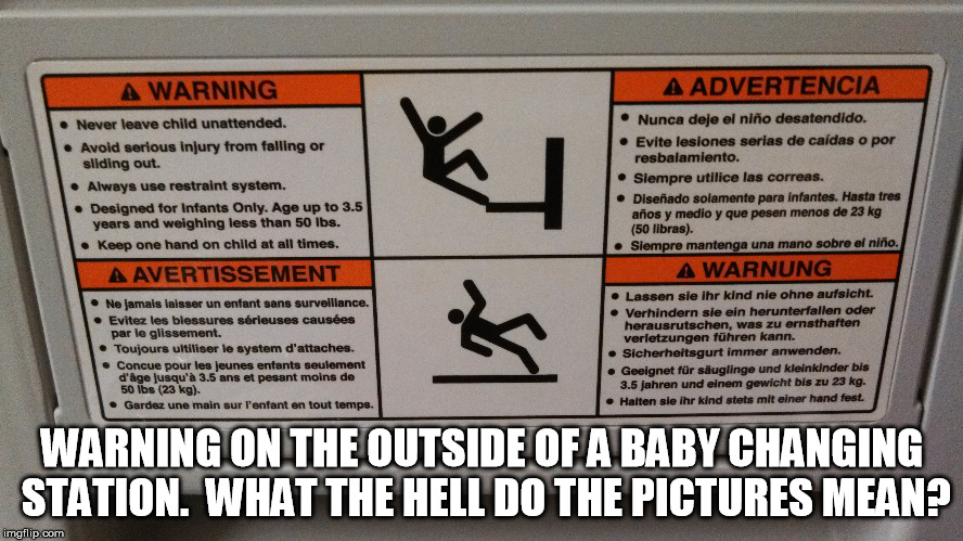 Baby changing station warning message.  "No karate kid Crane kicks?"   | WARNING ON THE OUTSIDE OF A BABY CHANGING STATION.  WHAT THE HELL DO THE PICTURES MEAN? | image tagged in baby,baby changing station,wtf,warning sign | made w/ Imgflip meme maker
