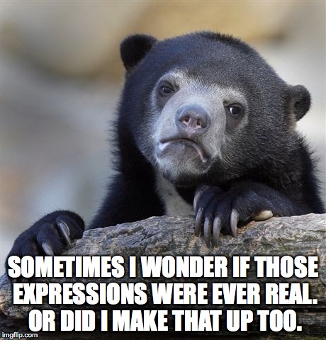 Confession Bear | SOMETIMES I WONDER IF THOSE EXPRESSIONS WERE EVER REAL. OR DID I MAKE THAT UP TOO. | image tagged in memes,confession bear | made w/ Imgflip meme maker