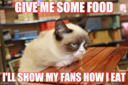 Grumpy Cat Table | GIVE ME SOME FOOD; I'LL SHOW MY FANS HOW I EAT | image tagged in memes,grumpy cat table | made w/ Imgflip meme maker