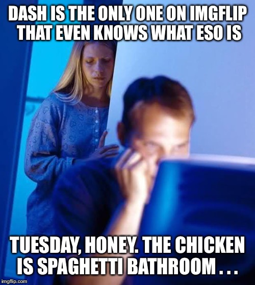 DASH IS THE ONLY ONE ON IMGFLIP THAT EVEN KNOWS WHAT ESO IS TUESDAY, HONEY. THE CHICKEN IS SPAGHETTI BATHROOM . . . | made w/ Imgflip meme maker
