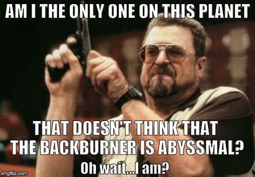 Am I The Only One Around Here Meme | AM I THE ONLY ONE ON THIS PLANET; THAT DOESN'T THINK THAT THE BACKBURNER IS ABYSSMAL? Oh wait...I am? | image tagged in memes,am i the only one around here | made w/ Imgflip meme maker