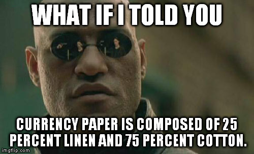 Matrix Morpheus Meme | WHAT IF I TOLD YOU CURRENCY PAPER IS COMPOSED OF 25 PERCENT LINEN AND 75 PERCENT COTTON. | image tagged in memes,matrix morpheus | made w/ Imgflip meme maker