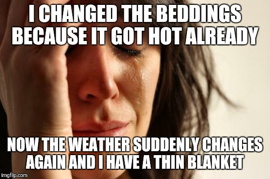 First World Problems Meme | I CHANGED THE BEDDINGS BECAUSE IT GOT HOT ALREADY; NOW THE WEATHER SUDDENLY CHANGES AGAIN AND I HAVE A THIN BLANKET | image tagged in memes,first world problems | made w/ Imgflip meme maker
