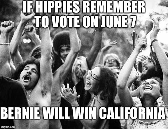 IF HIPPIES REMEMBER TO VOTE ON JUNE 7; BERNIE WILL WIN CALIFORNIA | image tagged in dumb hippies | made w/ Imgflip meme maker