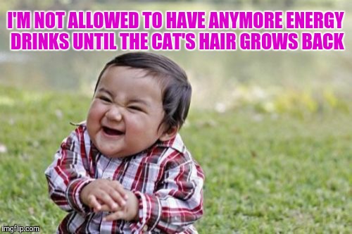 Evil Toddler | I'M NOT ALLOWED TO HAVE ANYMORE ENERGY DRINKS UNTIL THE CAT'S HAIR GROWS BACK | image tagged in memes,evil toddler | made w/ Imgflip meme maker