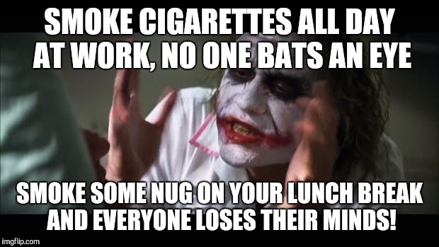 This country | SMOKE CIGARETTES ALL DAY AT WORK, NO ONE BATS AN EYE; SMOKE SOME NUG ON YOUR LUNCH BREAK AND EVERYONE LOSES THEIR MINDS! | image tagged in memes,and everybody loses their minds | made w/ Imgflip meme maker