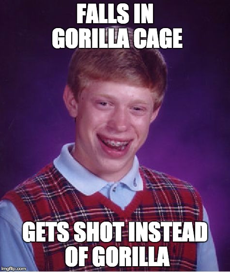 Bad Luck Brian | FALLS IN GORILLA CAGE; GETS SHOT INSTEAD OF GORILLA | image tagged in memes,bad luck brian | made w/ Imgflip meme maker