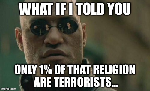 Matrix Morpheus Meme | WHAT IF I TOLD YOU ONLY 1% OF THAT RELIGION ARE TERRORISTS... | image tagged in memes,matrix morpheus | made w/ Imgflip meme maker