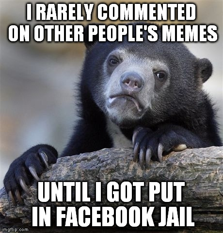 Confession Bear Meme | I RARELY COMMENTED ON OTHER PEOPLE'S MEMES; UNTIL I GOT PUT IN FACEBOOK JAIL | image tagged in memes,confession bear,facebook,jail,comment | made w/ Imgflip meme maker