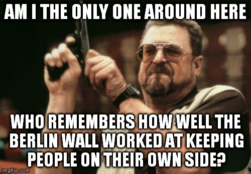 Am I The Only One Around Here Meme | AM I THE ONLY ONE AROUND HERE; WHO REMEMBERS HOW WELL THE BERLIN WALL WORKED AT KEEPING PEOPLE ON THEIR OWN SIDE? | image tagged in memes,am i the only one around here | made w/ Imgflip meme maker