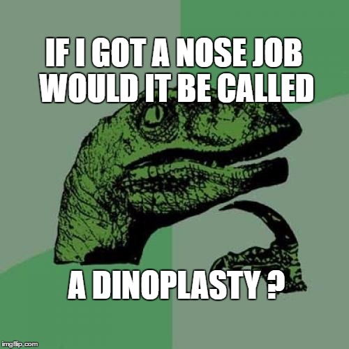 Philosoraptor Meme | IF I GOT A NOSE JOB WOULD IT BE CALLED; A DINOPLASTY ? | image tagged in memes,philosoraptor | made w/ Imgflip meme maker