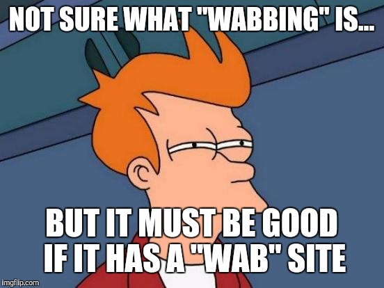 Futurama Fry Meme | NOT SURE WHAT "WABBING" IS... BUT IT MUST BE GOOD IF IT HAS A "WAB" SITE | image tagged in memes,futurama fry | made w/ Imgflip meme maker