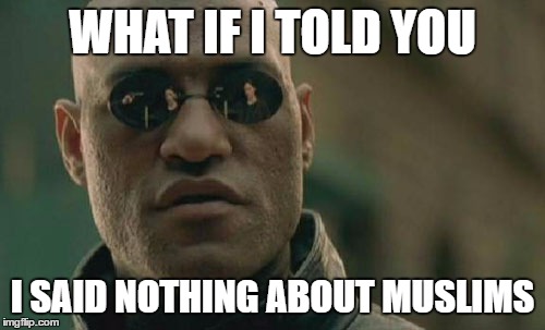 Matrix Morpheus Meme | WHAT IF I TOLD YOU I SAID NOTHING ABOUT MUSLIMS | image tagged in memes,matrix morpheus | made w/ Imgflip meme maker