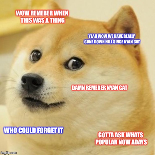 Doge | WOW REMEBER WHEN THIS WAS A THING; YEAH WOW WE HAVE REALLY GONE DOWN HILL SINCE NYAN CAT; DAMN REMEBER NYAN CAT; WHO COULD FORGET IT; GOTTA ASK WHATS POPULAR NOW ADAYS | image tagged in memes,doge | made w/ Imgflip meme maker