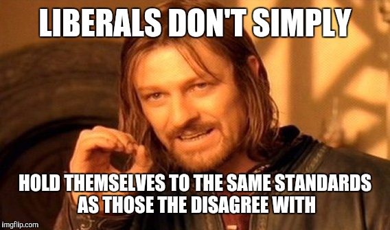 One Does Not Simply Meme | LIBERALS DON'T SIMPLY HOLD THEMSELVES TO THE SAME STANDARDS AS THOSE THE DISAGREE WITH | image tagged in memes,one does not simply | made w/ Imgflip meme maker