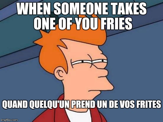 Futurama Fry Meme | WHEN SOMEONE TAKES ONE OF YOU FRIES; QUAND QUELQU'UN PREND UN DE VOS FRITES | image tagged in memes,futurama fry | made w/ Imgflip meme maker