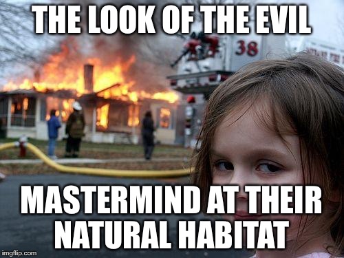 Disaster Girl Meme | THE LOOK OF THE EVIL; MASTERMIND AT THEIR NATURAL HABITAT | image tagged in memes,disaster girl | made w/ Imgflip meme maker