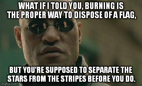 Matrix Morpheus Meme | WHAT IF I TOLD YOU, BURNING IS THE PROPER WAY TO DISPOSE OF A FLAG, BUT YOU'RE SUPPOSED TO SEPARATE THE STARS FROM THE STRIPES BEFORE YOU DO | image tagged in memes,matrix morpheus | made w/ Imgflip meme maker