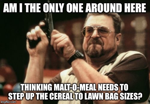 I suppose I COULD drive to Northfield and ask them myself, but this just has to be the better way | AM I THE ONLY ONE AROUND HERE; THINKING MALT-O-MEAL NEEDS TO STEP UP THE CEREAL TO LAWN BAG SIZES? | image tagged in memes,am i the only one around here,cereal,funny memes,breakfast,lol | made w/ Imgflip meme maker