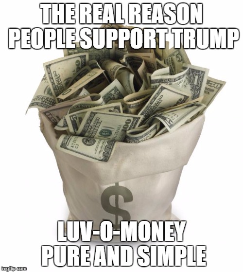 Bag of money | THE REAL REASON PEOPLE SUPPORT TRUMP; LUV-O-MONEY PURE AND SIMPLE | image tagged in bag of money | made w/ Imgflip meme maker