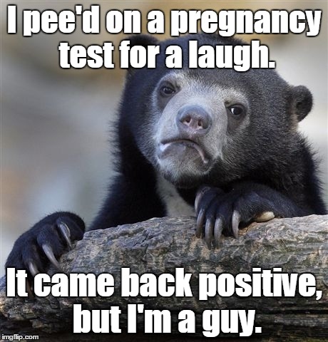 Confession Bear Meme | I pee'd on a pregnancy test for a laugh. It came back positive, but I'm a guy. | image tagged in memes,confession bear | made w/ Imgflip meme maker