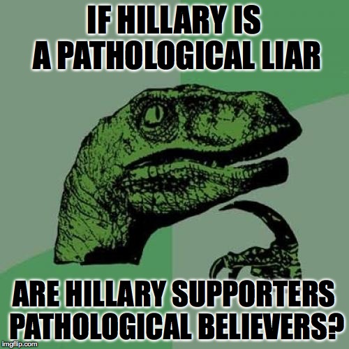 Hmmm- food for thought. For every pathological liar, there is a pathological believer.  |  IF HILLARY IS A PATHOLOGICAL LIAR; ARE HILLARY SUPPORTERS PATHOLOGICAL BELIEVERS? | image tagged in memes,philosoraptor,hillary clinton,presidential race,america,lol | made w/ Imgflip meme maker