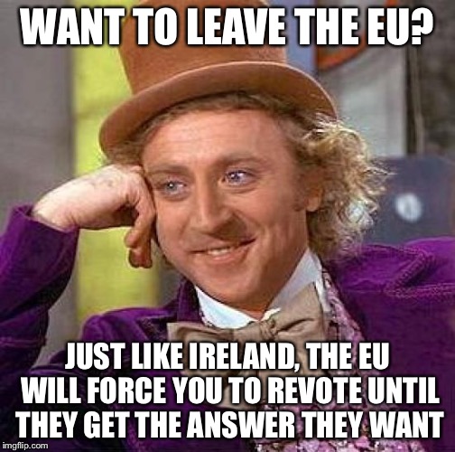 Creepy Condescending Wonka Meme | WANT TO LEAVE THE EU? JUST LIKE IRELAND, THE EU WILL FORCE YOU TO REVOTE UNTIL THEY GET THE ANSWER THEY WANT | image tagged in memes,creepy condescending wonka | made w/ Imgflip meme maker