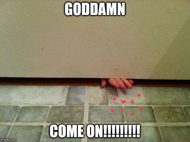 Fingers under bathroom door | GODDAMN; COME ON!!!!!!!!! | image tagged in fingers under bathroom door | made w/ Imgflip meme maker