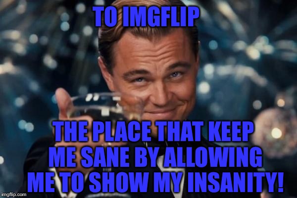 Leonardo Dicaprio Cheers | TO IMGFLIP; THE PLACE THAT KEEP ME SANE BY ALLOWING ME TO SHOW MY INSANITY! | image tagged in memes,leonardo dicaprio cheers | made w/ Imgflip meme maker