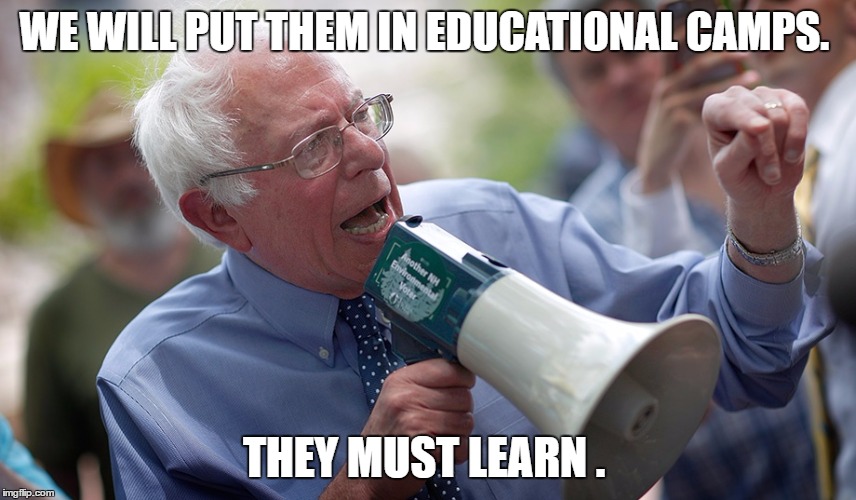 Bernie Sanders megaphone | WE WILL PUT THEM IN EDUCATIONAL CAMPS. THEY MUST LEARN . | image tagged in bernie sanders megaphone | made w/ Imgflip meme maker