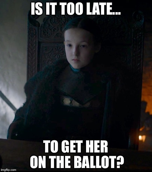 Lady mormont | IS IT TOO LATE... TO GET HER ON THE BALLOT? | image tagged in lady mormont | made w/ Imgflip meme maker
