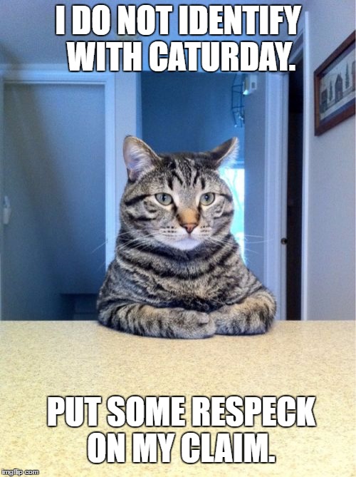 Take A Seat Cat | I DO NOT IDENTIFY WITH CATURDAY. PUT SOME RESPECK ON MY CLAIM. | image tagged in memes,take a seat cat | made w/ Imgflip meme maker