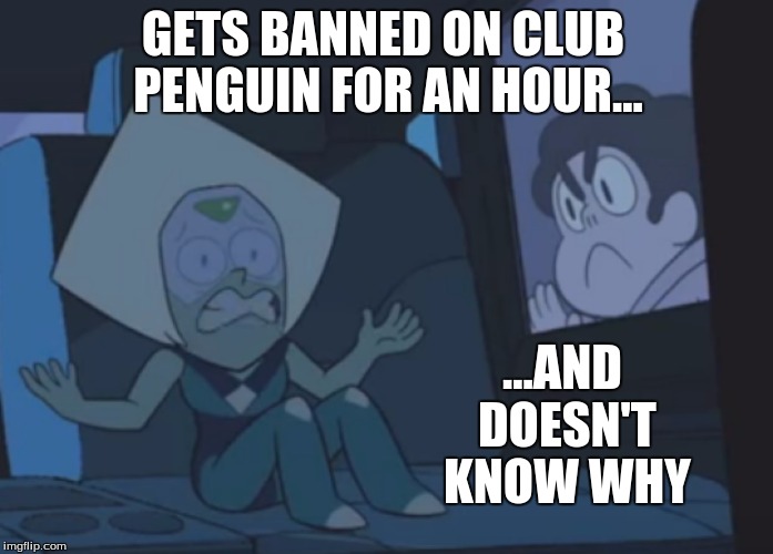 Just why me!!?? | GETS BANNED ON CLUB PENGUIN FOR AN HOUR... ...AND DOESN'T KNOW WHY | image tagged in just why me | made w/ Imgflip meme maker