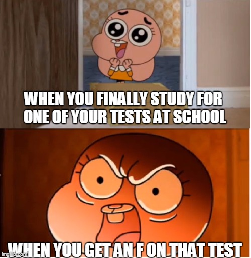 Gumball - Anais False Hope Meme | WHEN YOU FINALLY STUDY FOR ONE OF YOUR TESTS AT SCHOOL; WHEN YOU GET AN F ON THAT TEST | image tagged in gumball - anais false hope meme | made w/ Imgflip meme maker