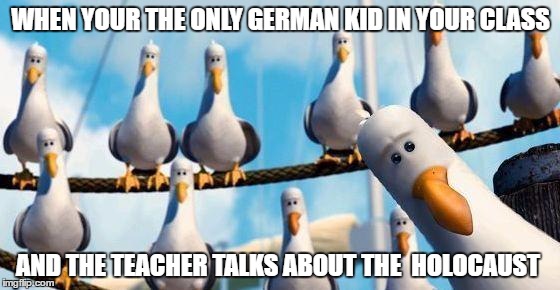 Nemo Birds | WHEN YOUR THE ONLY GERMAN KID IN YOUR CLASS; AND THE TEACHER TALKS ABOUT THE  HOLOCAUST | image tagged in nemo birds | made w/ Imgflip meme maker