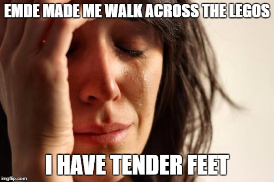 First World Problems Meme | EMDE MADE ME WALK ACROSS THE LEGOS I HAVE TENDER FEET | image tagged in memes,first world problems | made w/ Imgflip meme maker