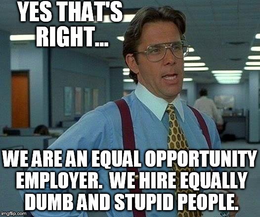 co workers, I hate them | YES THAT'S RIGHT... WE ARE AN EQUAL OPPORTUNITY EMPLOYER.  WE HIRE EQUALLY DUMB AND STUPID PEOPLE. | image tagged in memes,that would be great,employees,funny memes | made w/ Imgflip meme maker