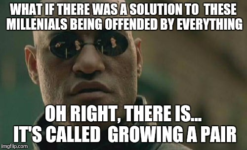 Matrix Morpheus Meme | WHAT IF THERE WAS A SOLUTION TO  THESE MILLENIALS BEING OFFENDED BY EVERYTHING; OH RIGHT, THERE IS... IT'S CALLED  GROWING A PAIR | image tagged in memes,matrix morpheus | made w/ Imgflip meme maker