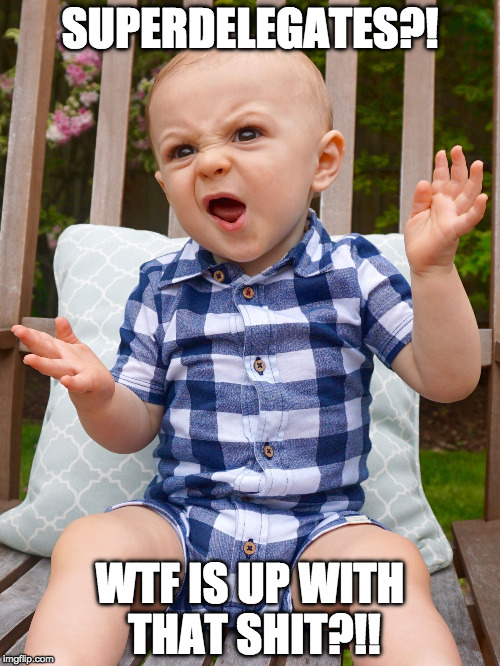 Angry Old Man Baby | SUPERDELEGATES?! WTF IS UP WITH THAT SHIT?!! | image tagged in angry old man baby | made w/ Imgflip meme maker
