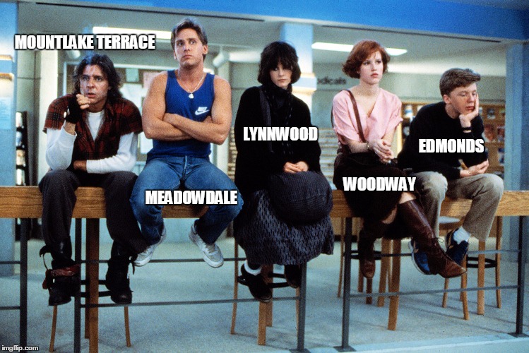 breakfast club | MOUNTLAKE TERRACE; LYNNWOOD; EDMONDS; WOODWAY; MEADOWDALE | image tagged in breakfast club | made w/ Imgflip meme maker