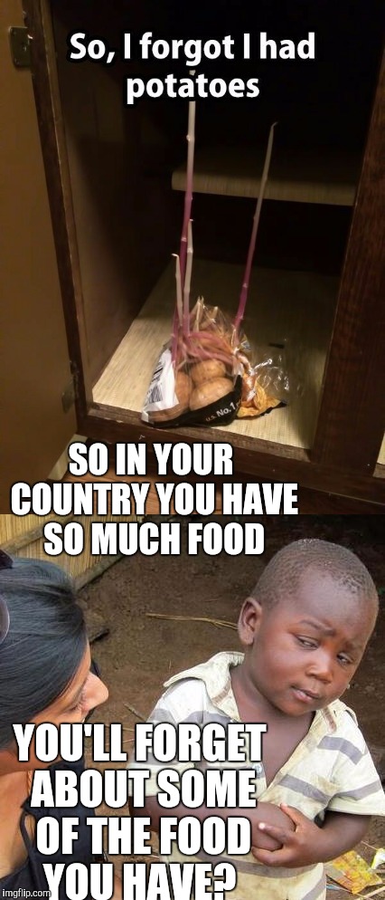 [Title here]  | SO IN YOUR COUNTRY YOU HAVE SO MUCH FOOD; YOU'LL FORGET ABOUT SOME OF THE FOOD YOU HAVE? | image tagged in third world skeptical kid,potato | made w/ Imgflip meme maker
