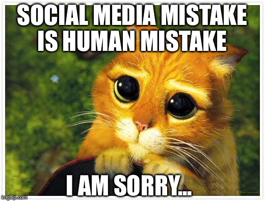 Sorry Kitty | SOCIAL MEDIA MISTAKE IS HUMAN MISTAKE; I AM SORRY... | image tagged in sorry kitty | made w/ Imgflip meme maker