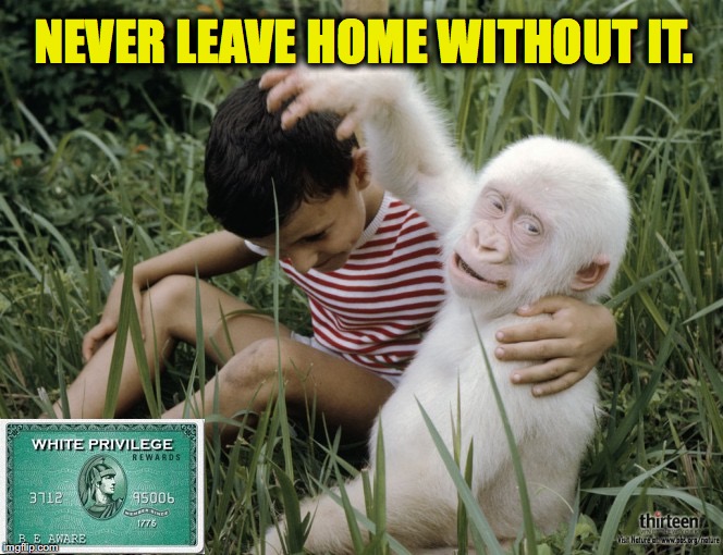 NEVER LEAVE HOME WITHOUT IT. | image tagged in white gorilla privilege | made w/ Imgflip meme maker