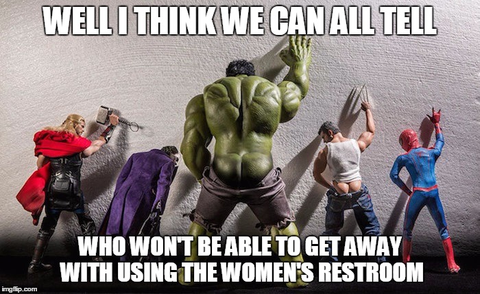 Are they looking because it is big or because it is small? | WELL I THINK WE CAN ALL TELL; WHO WON'T BE ABLE TO GET AWAY WITH USING THE WOMEN'S RESTROOM | image tagged in superhero restroom,memes | made w/ Imgflip meme maker