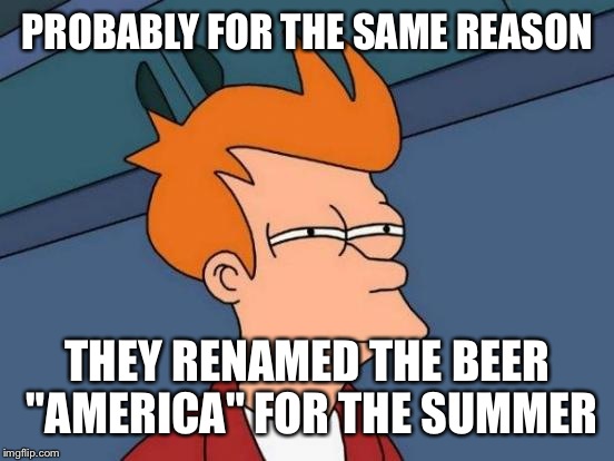 Futurama Fry Meme | PROBABLY FOR THE SAME REASON THEY RENAMED THE BEER "AMERICA" FOR THE SUMMER | image tagged in memes,futurama fry | made w/ Imgflip meme maker