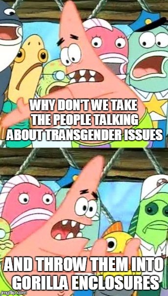 Put It Somewhere Else Patrick Meme | WHY DON'T WE TAKE THE PEOPLE TALKING ABOUT TRANSGENDER ISSUES AND THROW THEM INTO GORILLA ENCLOSURES | image tagged in memes,put it somewhere else patrick | made w/ Imgflip meme maker