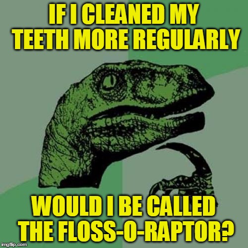 Philosoraptor Meme | IF I CLEANED MY TEETH MORE REGULARLY WOULD I BE CALLED THE FLOSS-O-RAPTOR? | image tagged in memes,philosoraptor | made w/ Imgflip meme maker