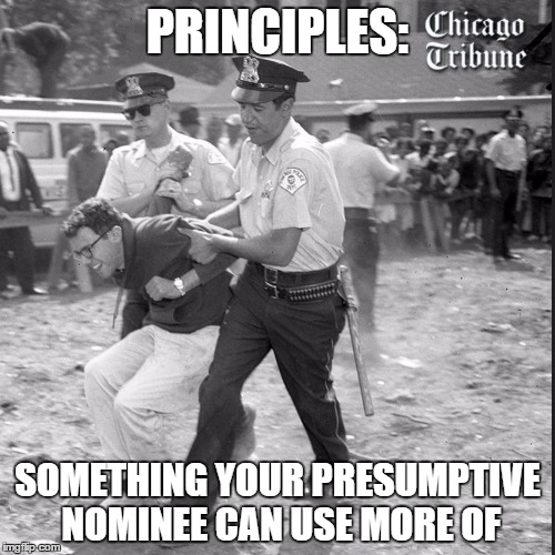 Bernie Sanders Arrested Chicago | PRINCIPLES:; SOMETHING YOUR PRESUMPTIVE NOMINEE CAN USE MORE OF | image tagged in bernie sanders arrested chicago | made w/ Imgflip meme maker